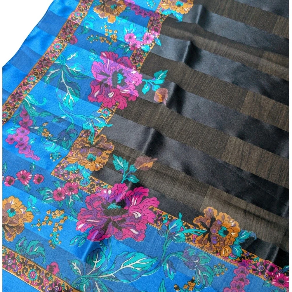 Vtg 80s Italian Accentric Chic Etro Inspired Aqua Blue Floral Satin Square Scarf